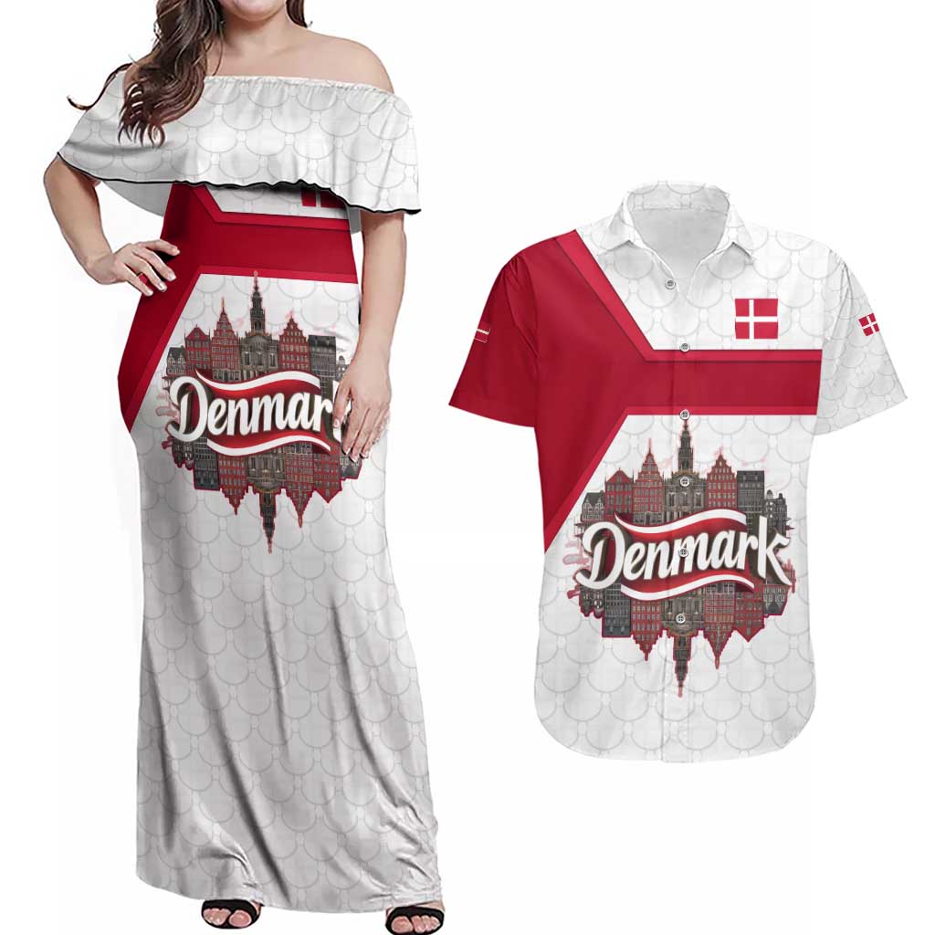 Denmark Couples Matching Off Shoulder Maxi Dress and Hawaiian Shirt with Cityscape Print and Royal Coat of Arms Design