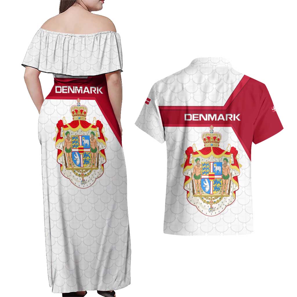 Denmark Couples Matching Off Shoulder Maxi Dress and Hawaiian Shirt with Cityscape Print and Royal Coat of Arms Design