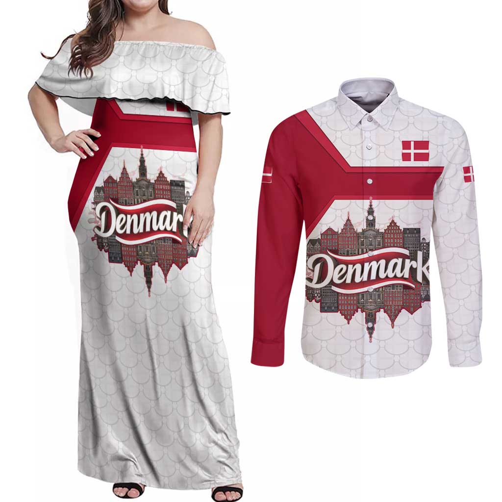 Denmark Couples Matching Off Shoulder Maxi Dress and Long Sleeve Button Shirt with Cityscape Print and Royal Coat of Arms Design