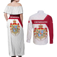 Denmark Couples Matching Off Shoulder Maxi Dress and Long Sleeve Button Shirt with Cityscape Print and Royal Coat of Arms Design