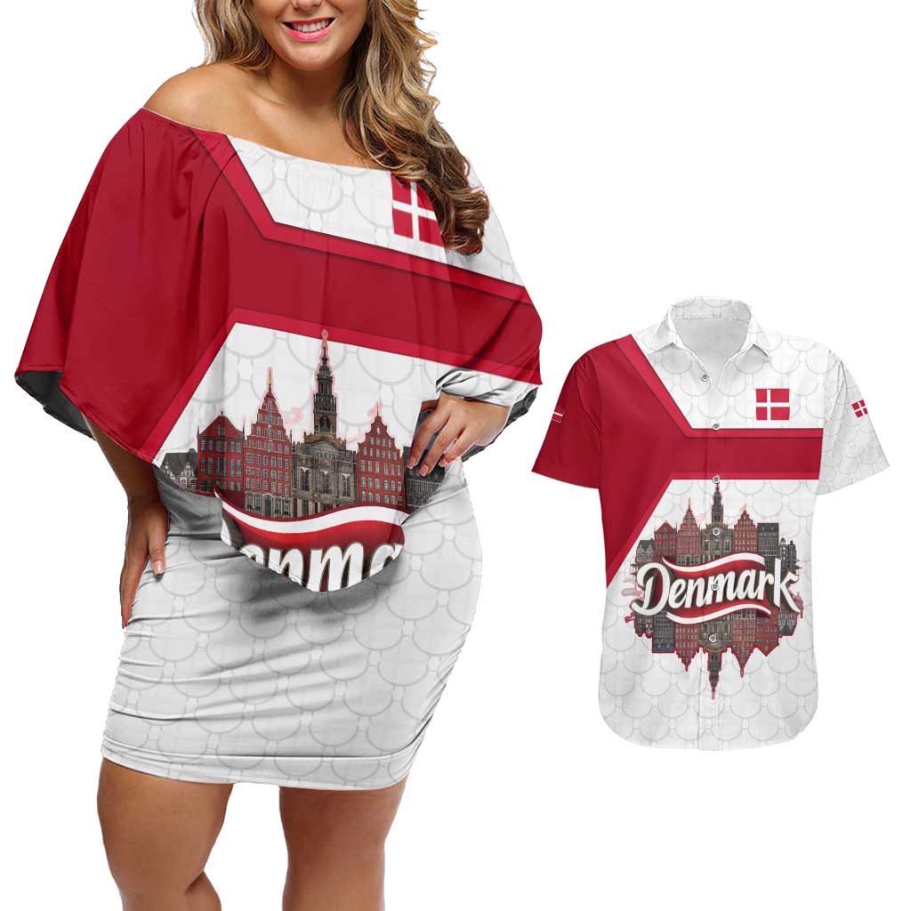Denmark Couples Matching Off Shoulder Short Dress and Hawaiian Shirt with Cityscape Print and Royal Coat of Arms Design