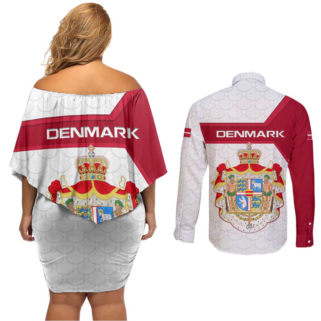 Denmark Couples Matching Off Shoulder Short Dress and Long Sleeve Button Shirt with Cityscape Print and Royal Coat of Arms Design