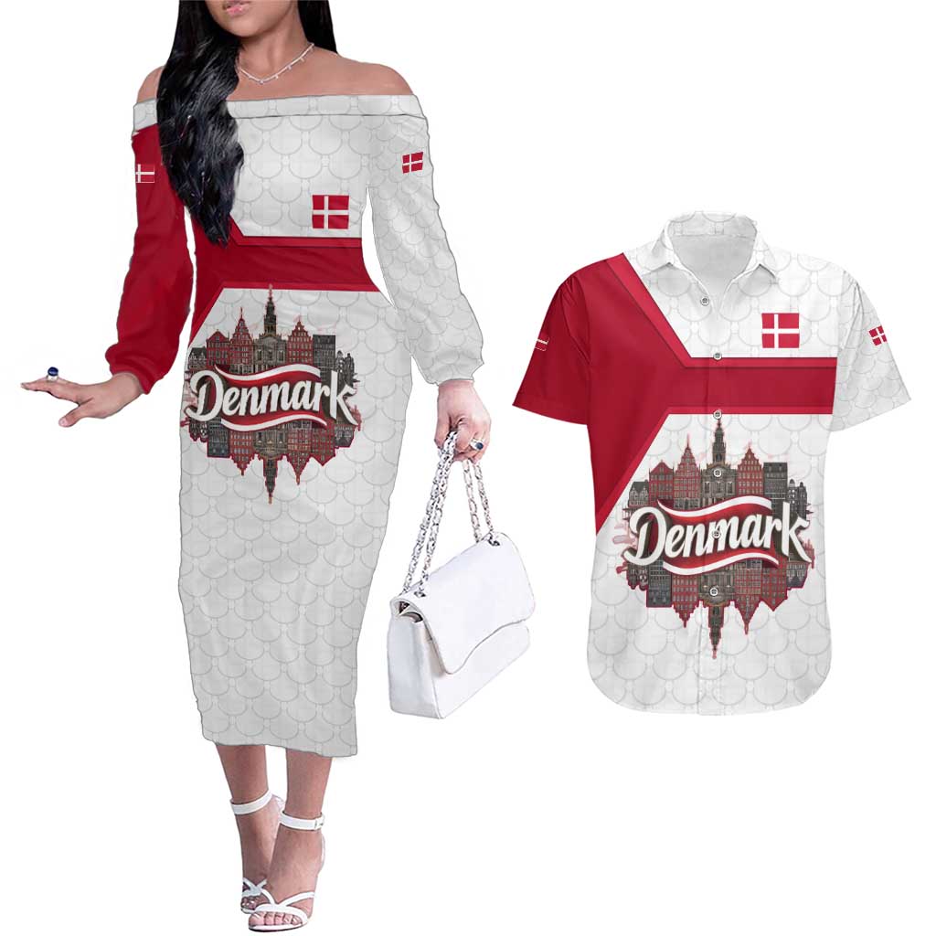 Denmark Couples Matching Off The Shoulder Long Sleeve Dress and Hawaiian Shirt with Cityscape Print and Royal Coat of Arms Design