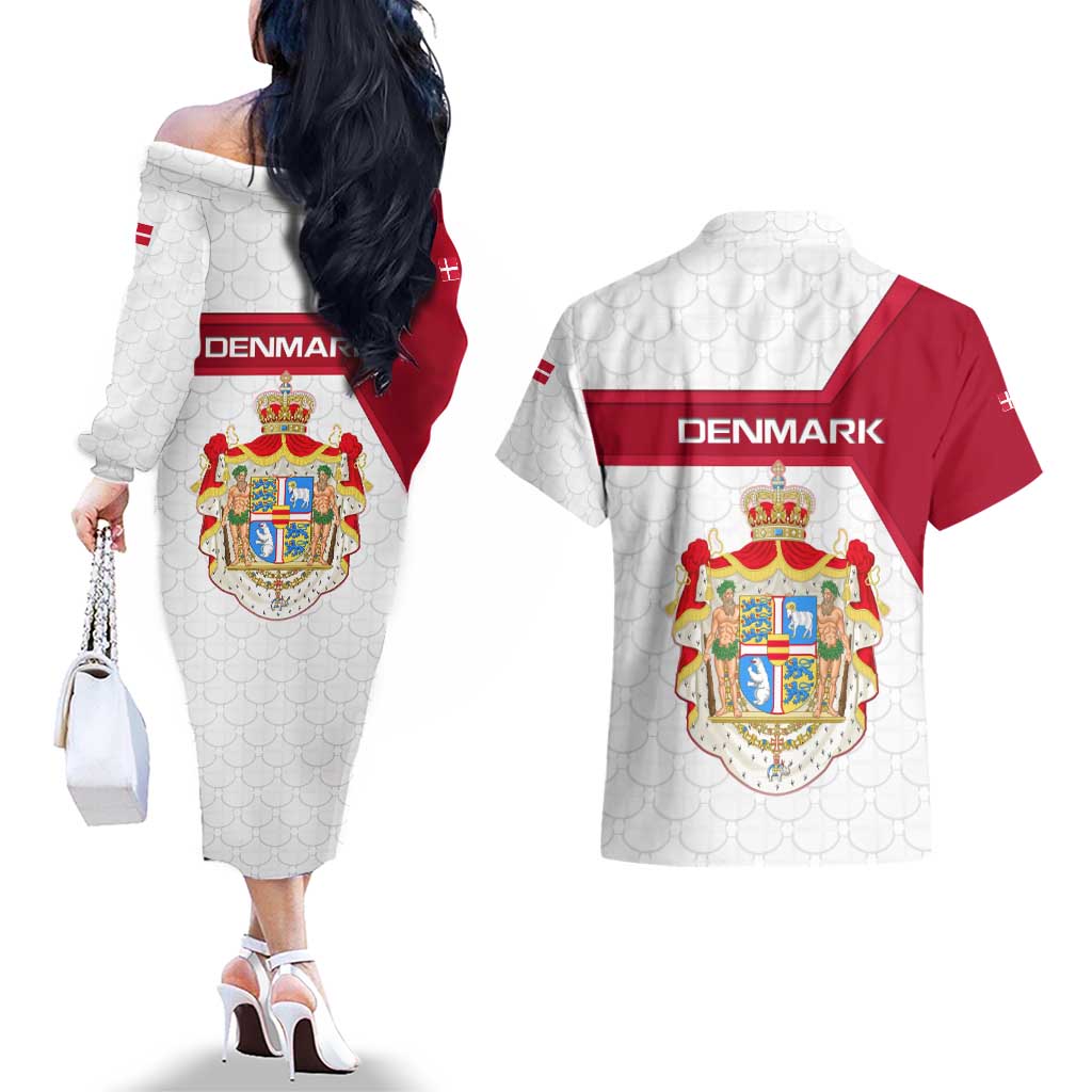 Denmark Couples Matching Off The Shoulder Long Sleeve Dress and Hawaiian Shirt with Cityscape Print and Royal Coat of Arms Design