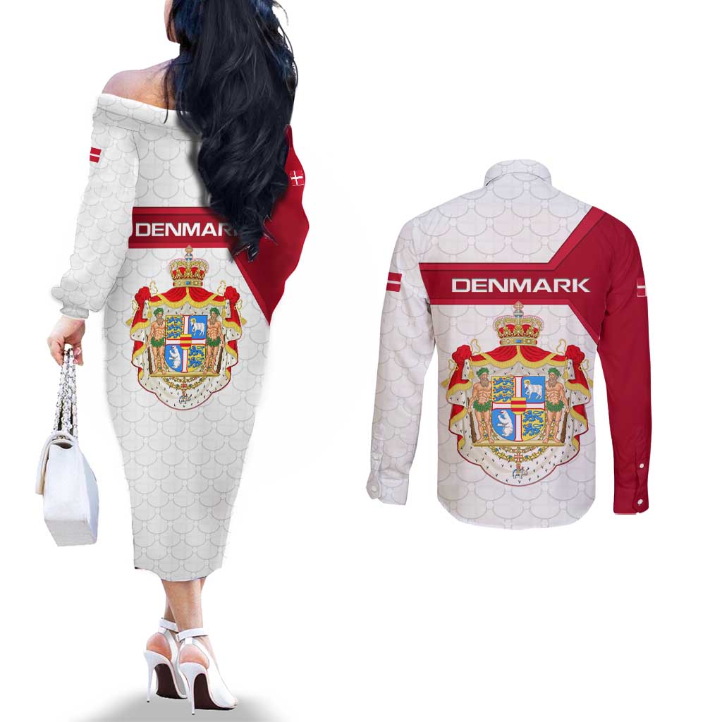 Denmark Couples Matching Off The Shoulder Long Sleeve Dress and Long Sleeve Button Shirt with Cityscape Print and Royal Coat of Arms Design