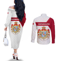 Denmark Couples Matching Off The Shoulder Long Sleeve Dress and Long Sleeve Button Shirt with Cityscape Print and Royal Coat of Arms Design