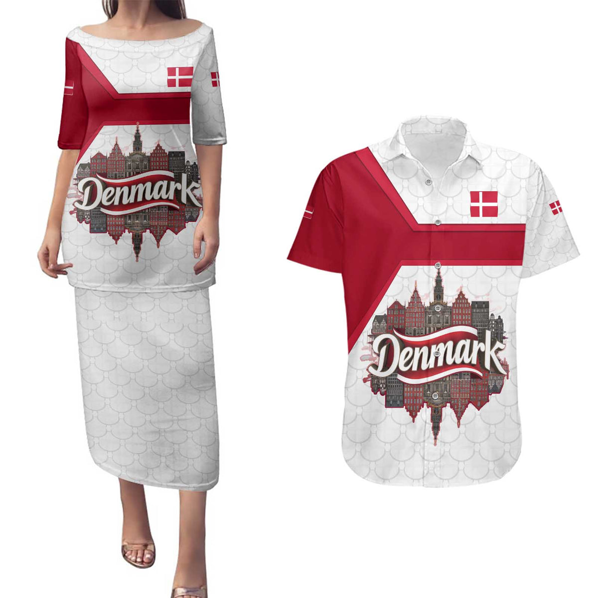 Denmark Couples Matching Puletasi and Hawaiian Shirt with Cityscape Print and Royal Coat of Arms Design