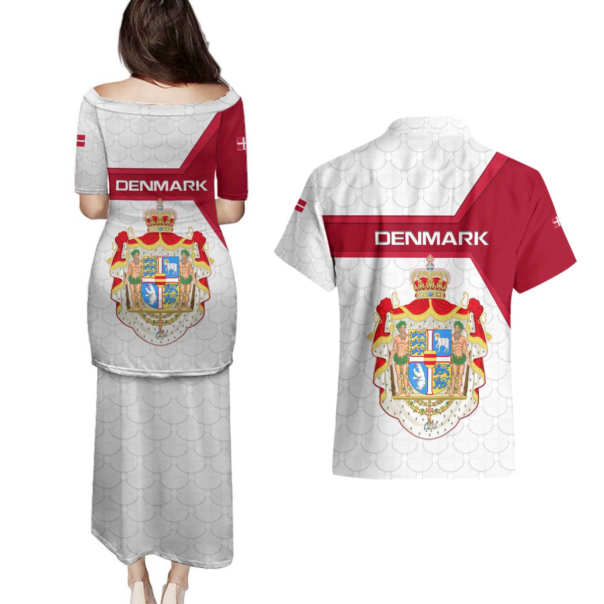 Denmark Couples Matching Puletasi and Hawaiian Shirt with Cityscape Print and Royal Coat of Arms Design