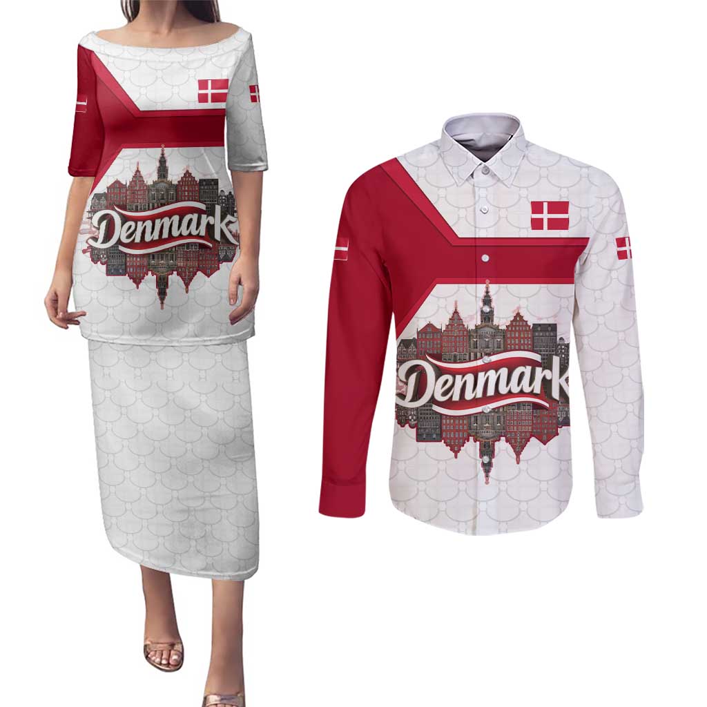 Denmark Couples Matching Puletasi and Long Sleeve Button Shirt with Cityscape Print and Royal Coat of Arms Design