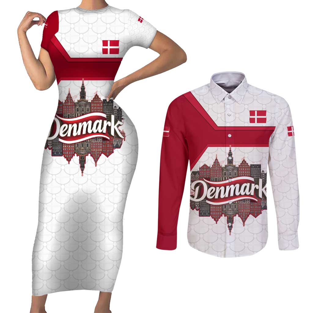 Denmark Couples Matching Short Sleeve Bodycon Dress and Long Sleeve Button Shirt with Cityscape Print and Royal Coat of Arms Design