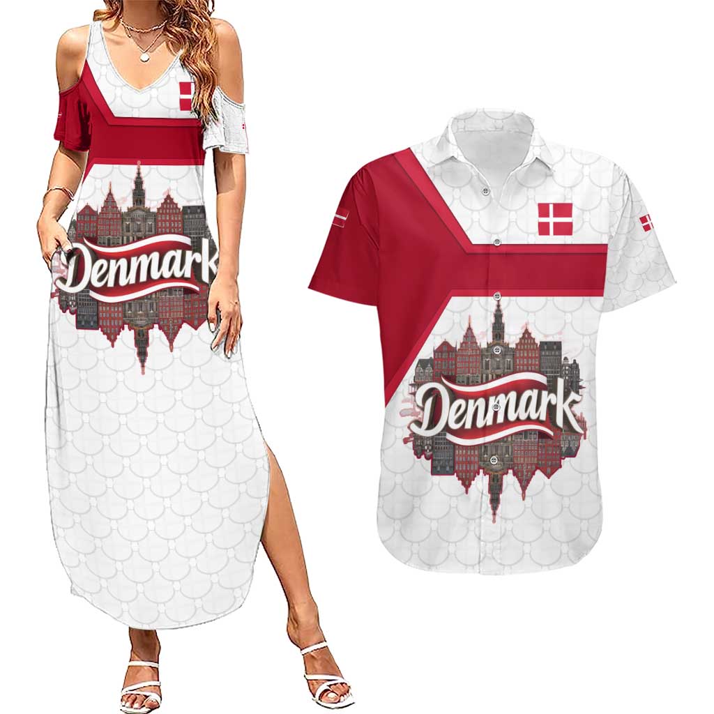 Denmark Couples Matching Summer Maxi Dress and Hawaiian Shirt with Cityscape Print and Royal Coat of Arms Design