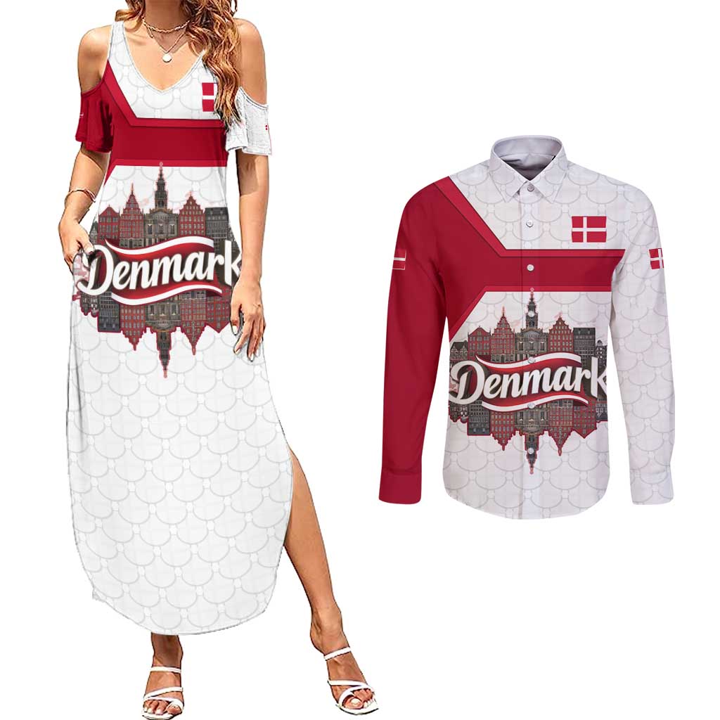Denmark Couples Matching Summer Maxi Dress and Long Sleeve Button Shirt with Cityscape Print and Royal Coat of Arms Design