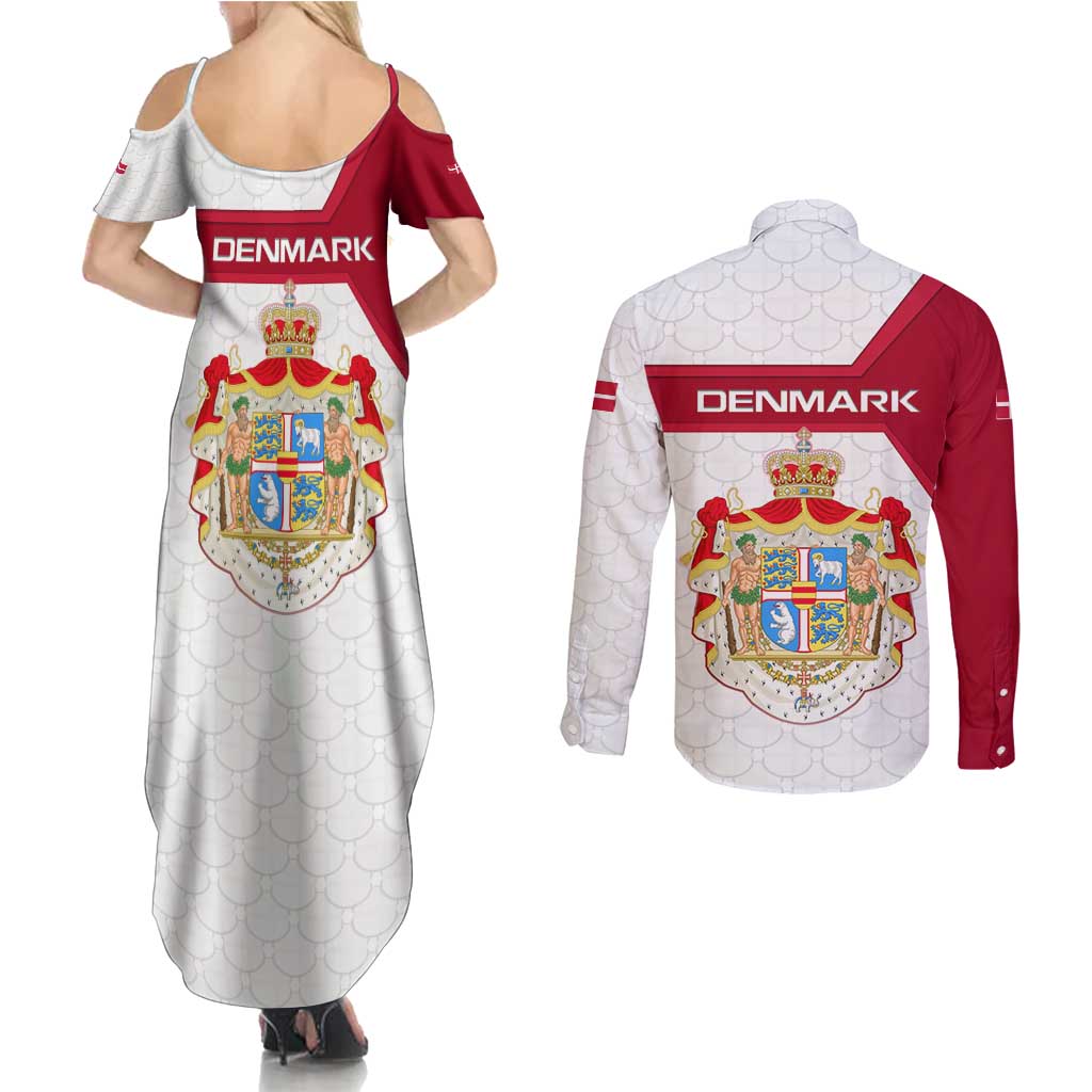 Denmark Couples Matching Summer Maxi Dress and Long Sleeve Button Shirt with Cityscape Print and Royal Coat of Arms Design