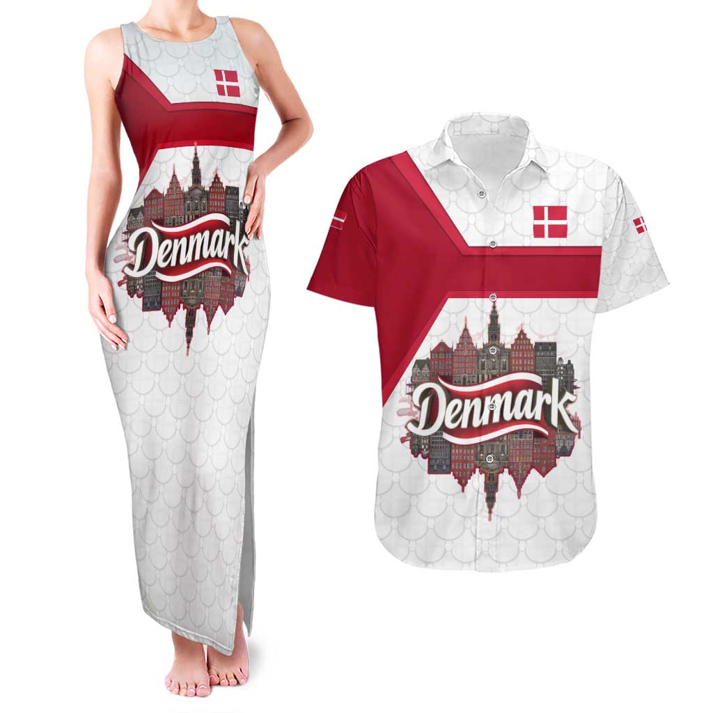 Denmark Couples Matching Tank Maxi Dress and Hawaiian Shirt with Cityscape Print and Royal Coat of Arms Design