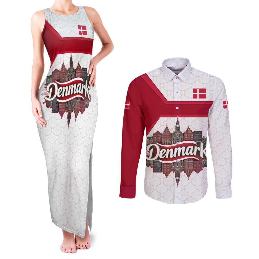 Denmark Couples Matching Tank Maxi Dress and Long Sleeve Button Shirt with Cityscape Print and Royal Coat of Arms Design