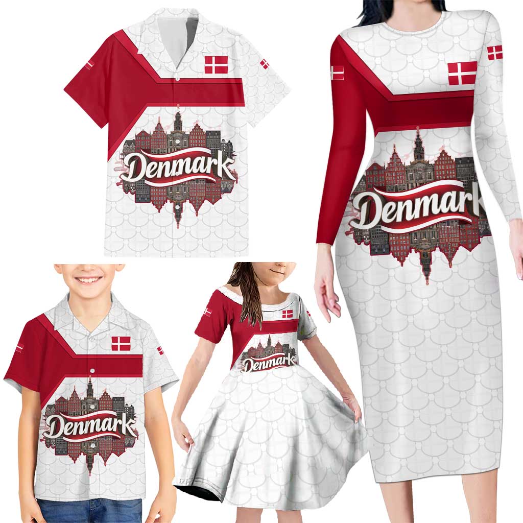 Denmark Family Matching Long Sleeve Bodycon Dress and Hawaiian Shirt with Cityscape Print and Royal Coat of Arms Design