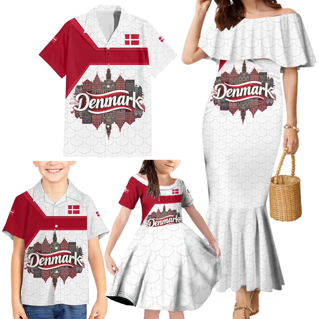 Denmark Family Matching Mermaid Dress and Hawaiian Shirt with Cityscape Print and Royal Coat of Arms Design