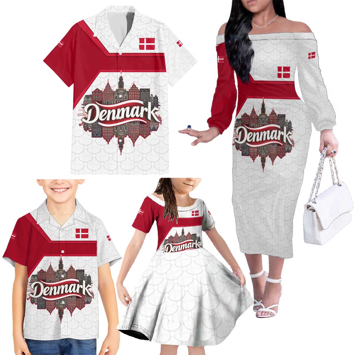 Denmark Family Matching Off The Shoulder Long Sleeve Dress and Hawaiian Shirt with Cityscape Print and Royal Coat of Arms Design