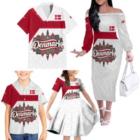 Denmark Family Matching Off The Shoulder Long Sleeve Dress and Hawaiian Shirt with Cityscape Print and Royal Coat of Arms Design
