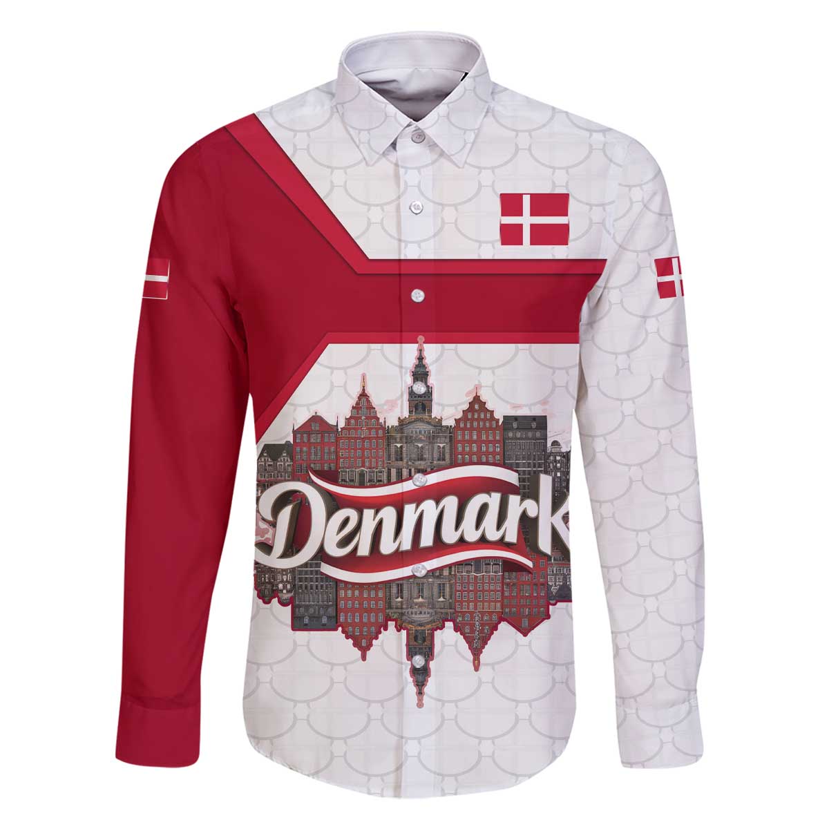 Denmark Family Matching Off The Shoulder Long Sleeve Dress and Hawaiian Shirt with Cityscape Print and Royal Coat of Arms Design