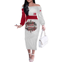 Denmark Family Matching Off The Shoulder Long Sleeve Dress and Hawaiian Shirt with Cityscape Print and Royal Coat of Arms Design