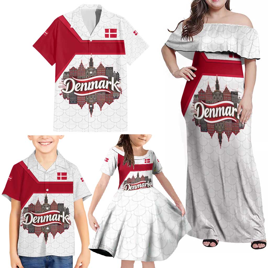 Denmark Family Matching Off Shoulder Maxi Dress and Hawaiian Shirt with Cityscape Print and Royal Coat of Arms Design