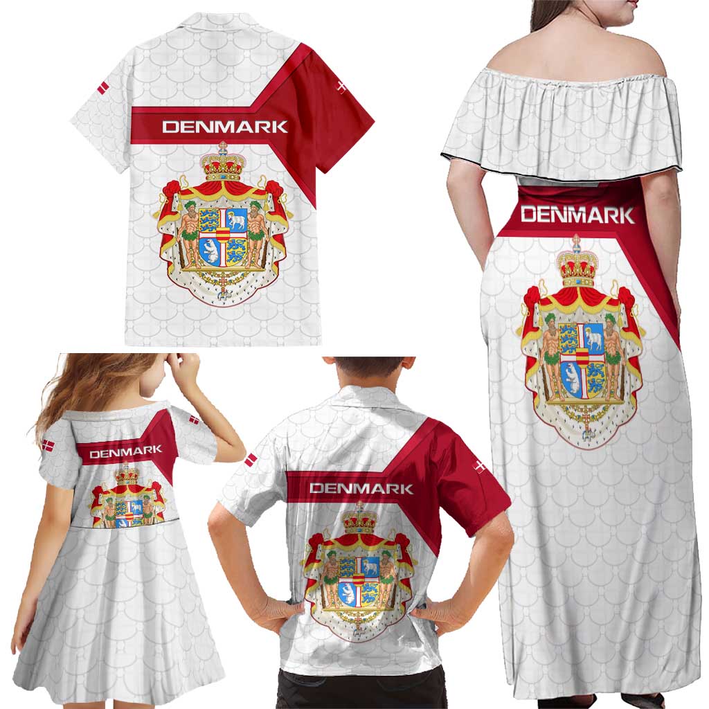 Denmark Family Matching Off Shoulder Maxi Dress and Hawaiian Shirt with Cityscape Print and Royal Coat of Arms Design