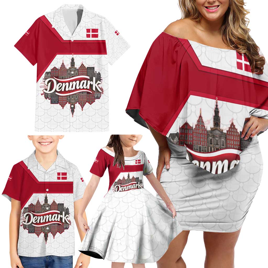 Denmark Family Matching Off Shoulder Short Dress and Hawaiian Shirt with Cityscape Print and Royal Coat of Arms Design
