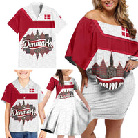 Denmark Family Matching Off Shoulder Short Dress and Hawaiian Shirt with Cityscape Print and Royal Coat of Arms Design