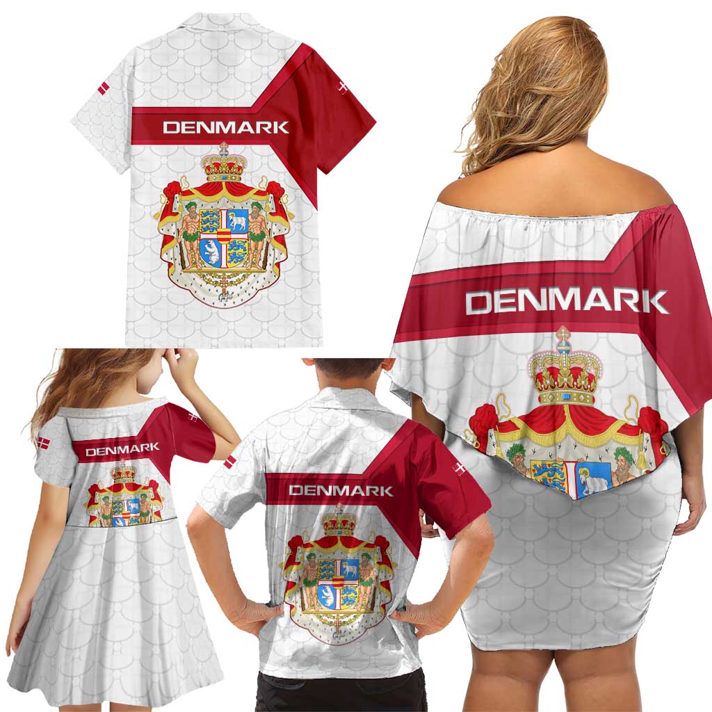 Denmark Family Matching Off Shoulder Short Dress and Hawaiian Shirt with Cityscape Print and Royal Coat of Arms Design