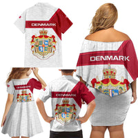 Denmark Family Matching Off Shoulder Short Dress and Hawaiian Shirt with Cityscape Print and Royal Coat of Arms Design