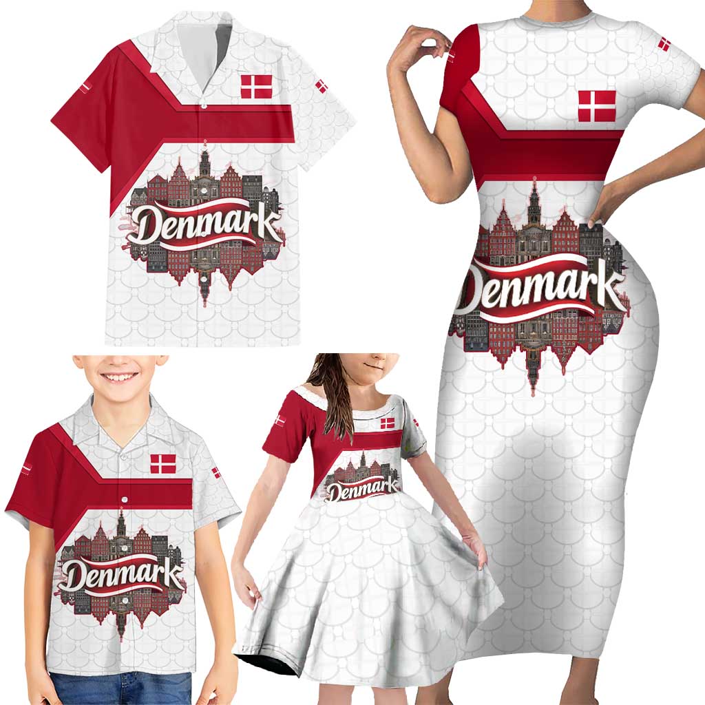 Denmark Family Matching Short Sleeve Bodycon Dress and Hawaiian Shirt with Cityscape Print and Royal Coat of Arms Design