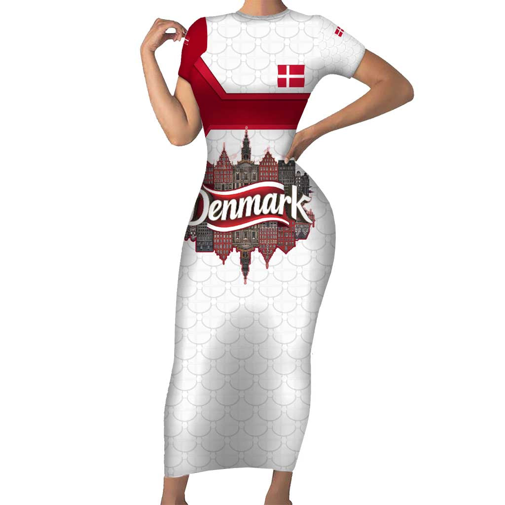 Denmark Family Matching Short Sleeve Bodycon Dress and Hawaiian Shirt with Cityscape Print and Royal Coat of Arms Design
