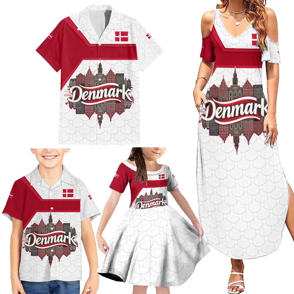 Denmark Family Matching Summer Maxi Dress and Hawaiian Shirt with Cityscape Print and Royal Coat of Arms Design