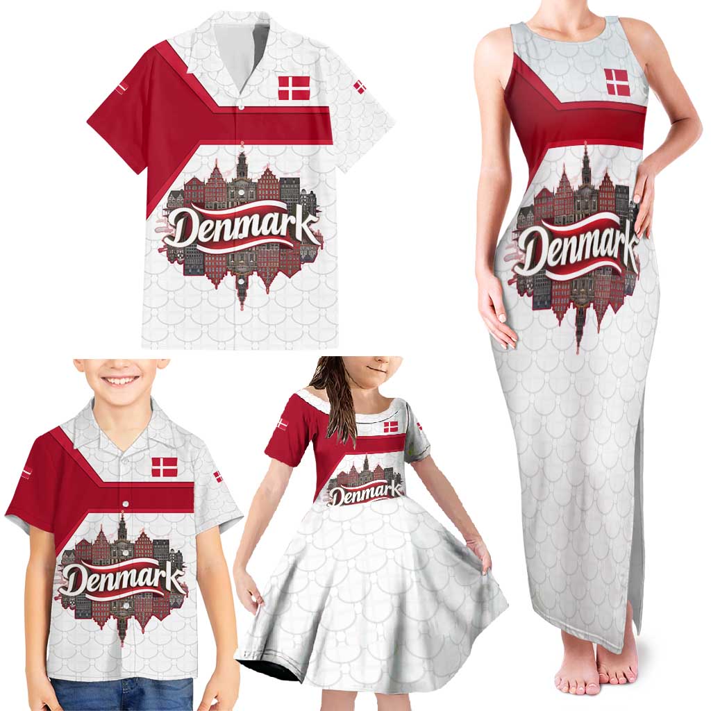 Denmark Family Matching Tank Maxi Dress and Hawaiian Shirt with Cityscape Print and Royal Coat of Arms Design