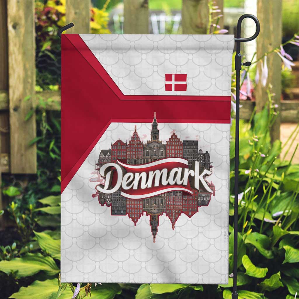 Denmark Garden Flag with Cityscape Print and Royal Coat of Arms Design