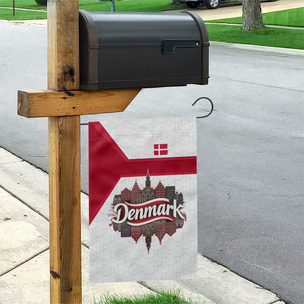 Denmark Garden Flag with Cityscape Print and Royal Coat of Arms Design