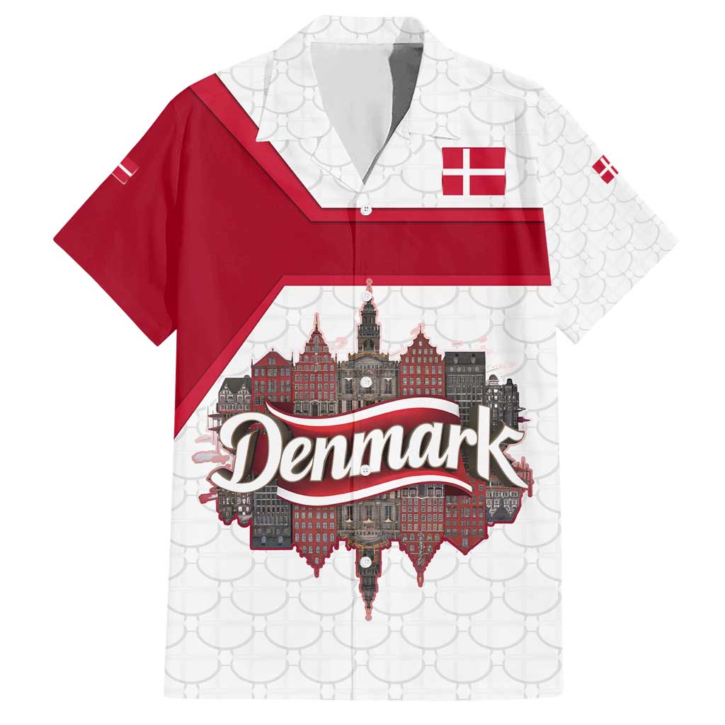 Denmark Hawaiian Shirt with Cityscape Print and Royal Coat of Arms Design