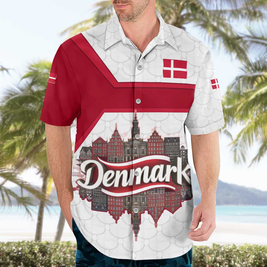 Denmark Hawaiian Shirt with Cityscape Print and Royal Coat of Arms Design