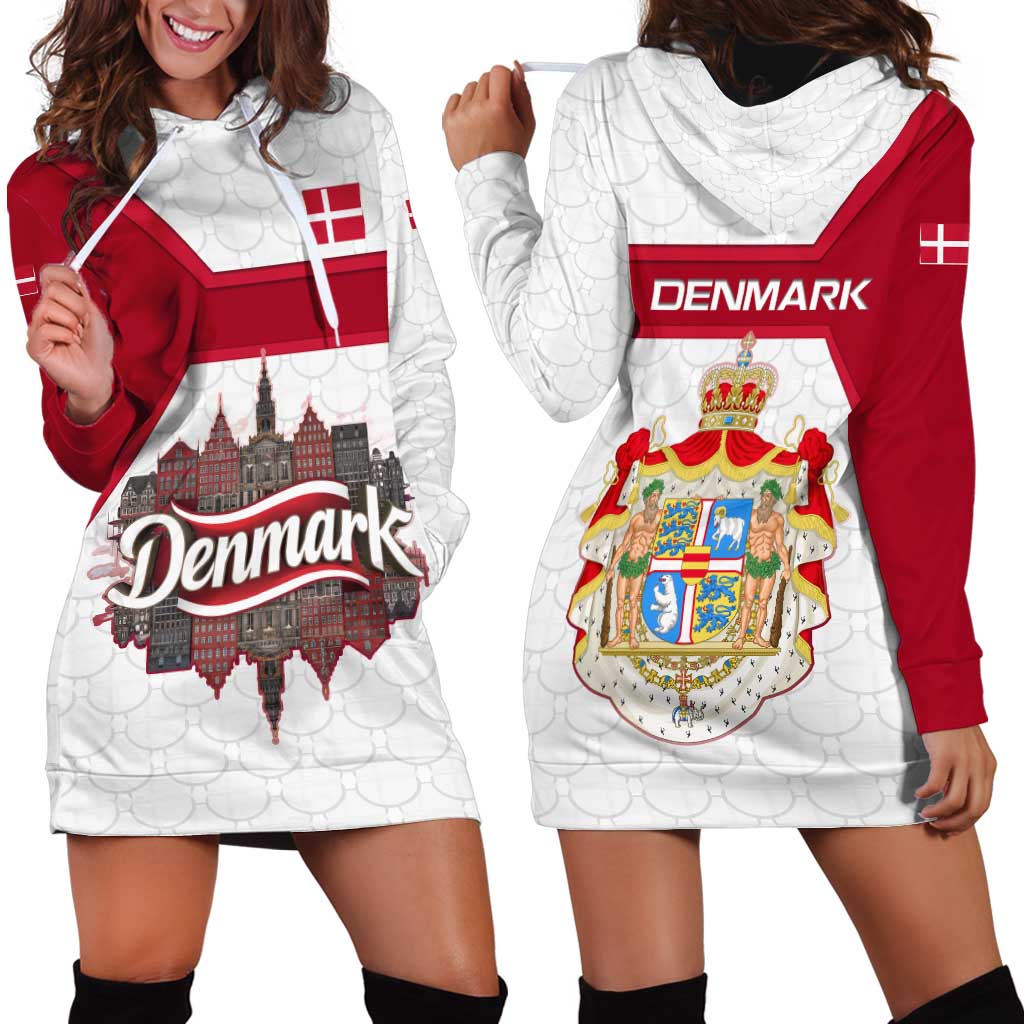 Denmark Hoodie Dress with Cityscape Print and Royal Coat of Arms Design