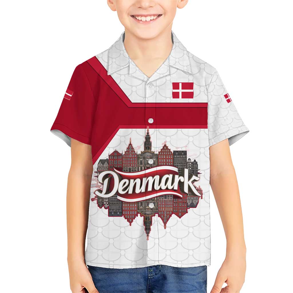 Denmark Kid Hawaiian Shirt with Cityscape Print and Royal Coat of Arms Design