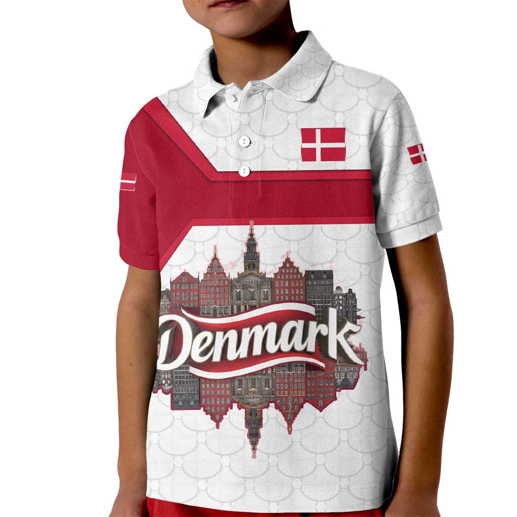 Denmark Kid Polo Shirt with Cityscape Print and Royal Coat of Arms Design