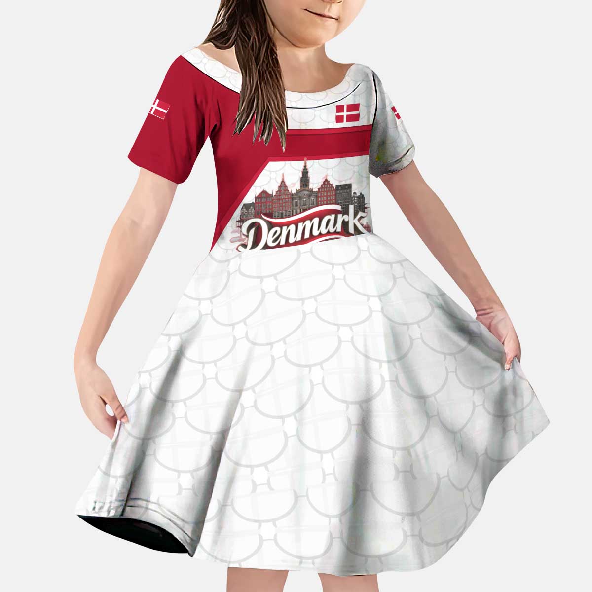 Denmark Kid Short Sleeve Dress with Cityscape Print and Royal Coat of Arms Design
