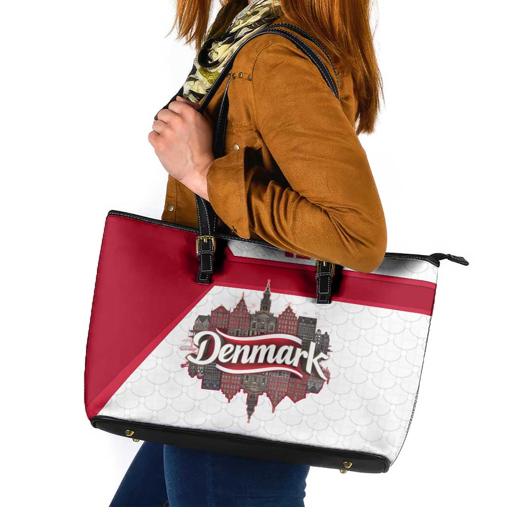 Denmark Leather Tote Bag with Cityscape Print and Royal Coat of Arms Design