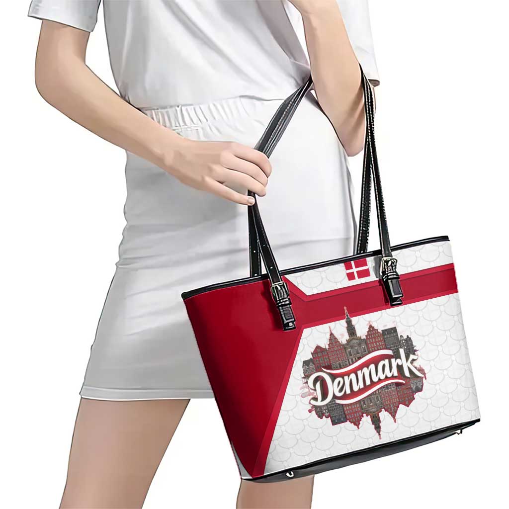 Denmark Leather Tote Bag with Cityscape Print and Royal Coat of Arms Design