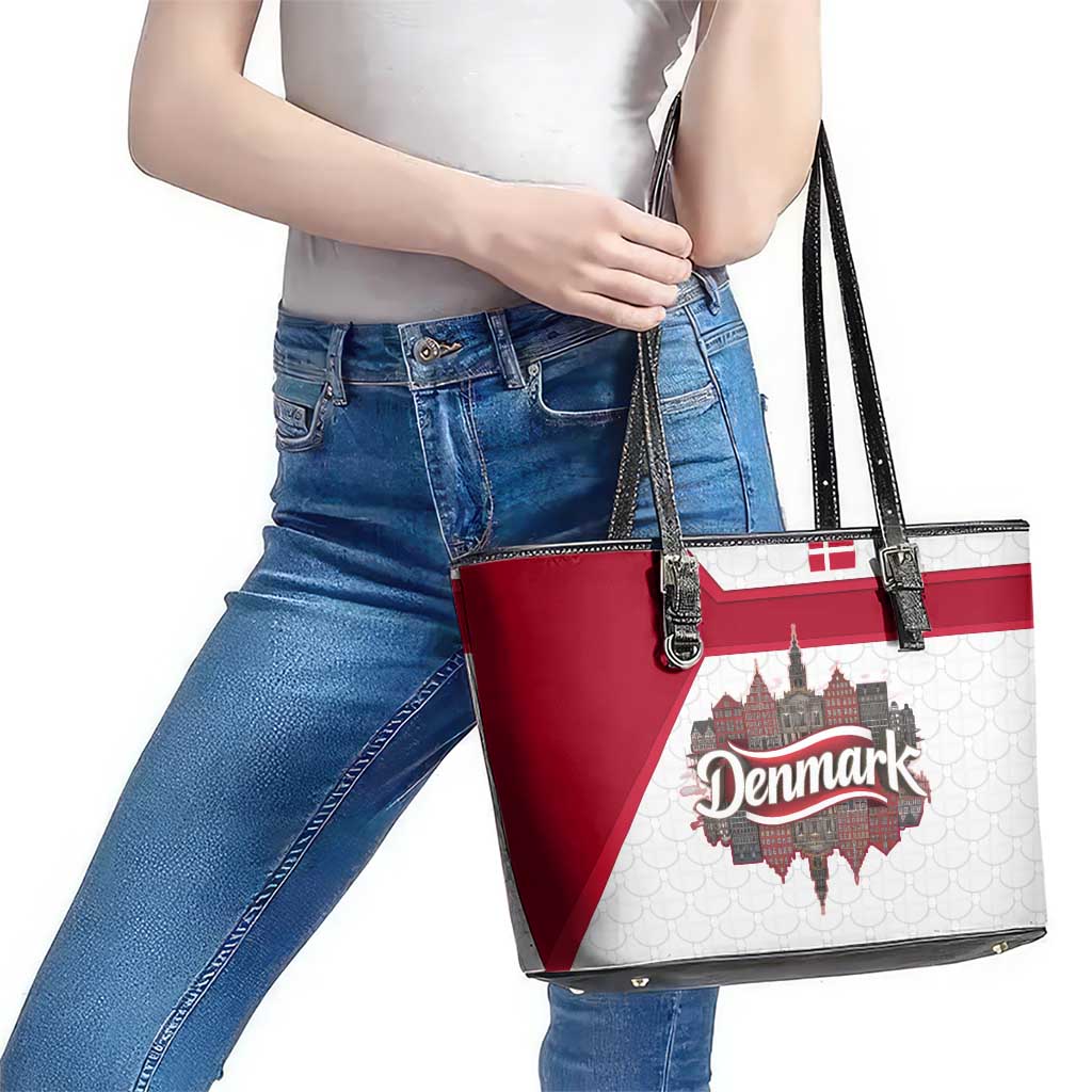 Denmark Leather Tote Bag with Cityscape Print and Royal Coat of Arms Design
