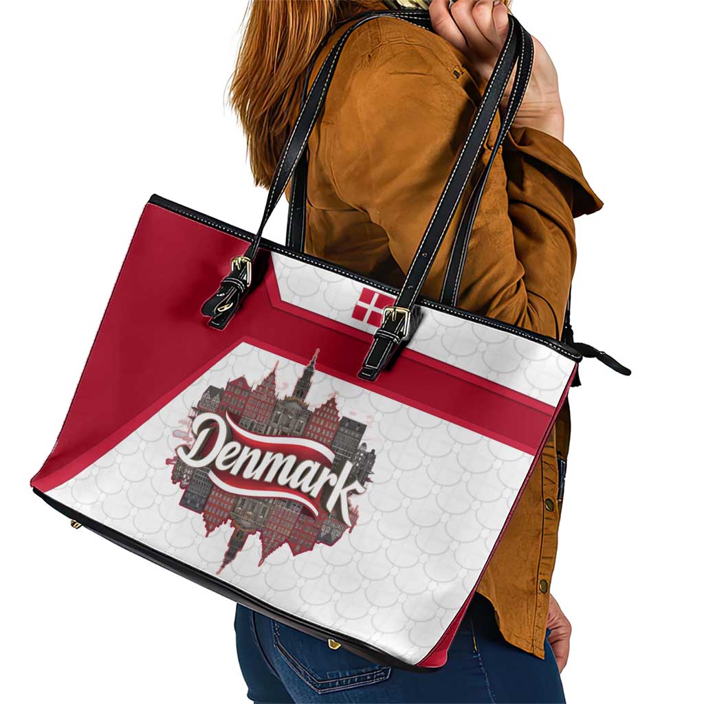 Denmark Leather Tote Bag with Cityscape Print and Royal Coat of Arms Design