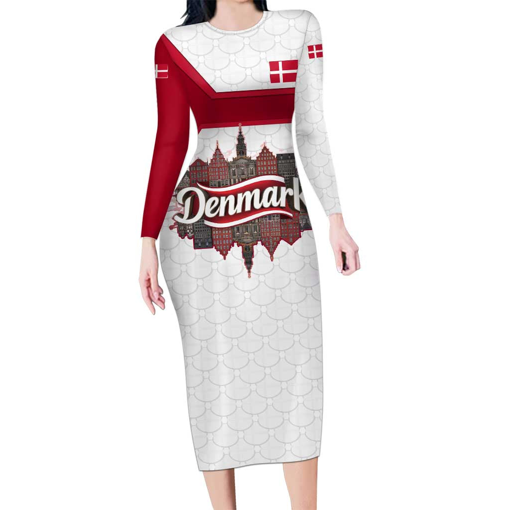Denmark Long Sleeve Bodycon Dress with Cityscape Print and Royal Coat of Arms Design