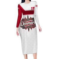Denmark Long Sleeve Bodycon Dress with Cityscape Print and Royal Coat of Arms Design
