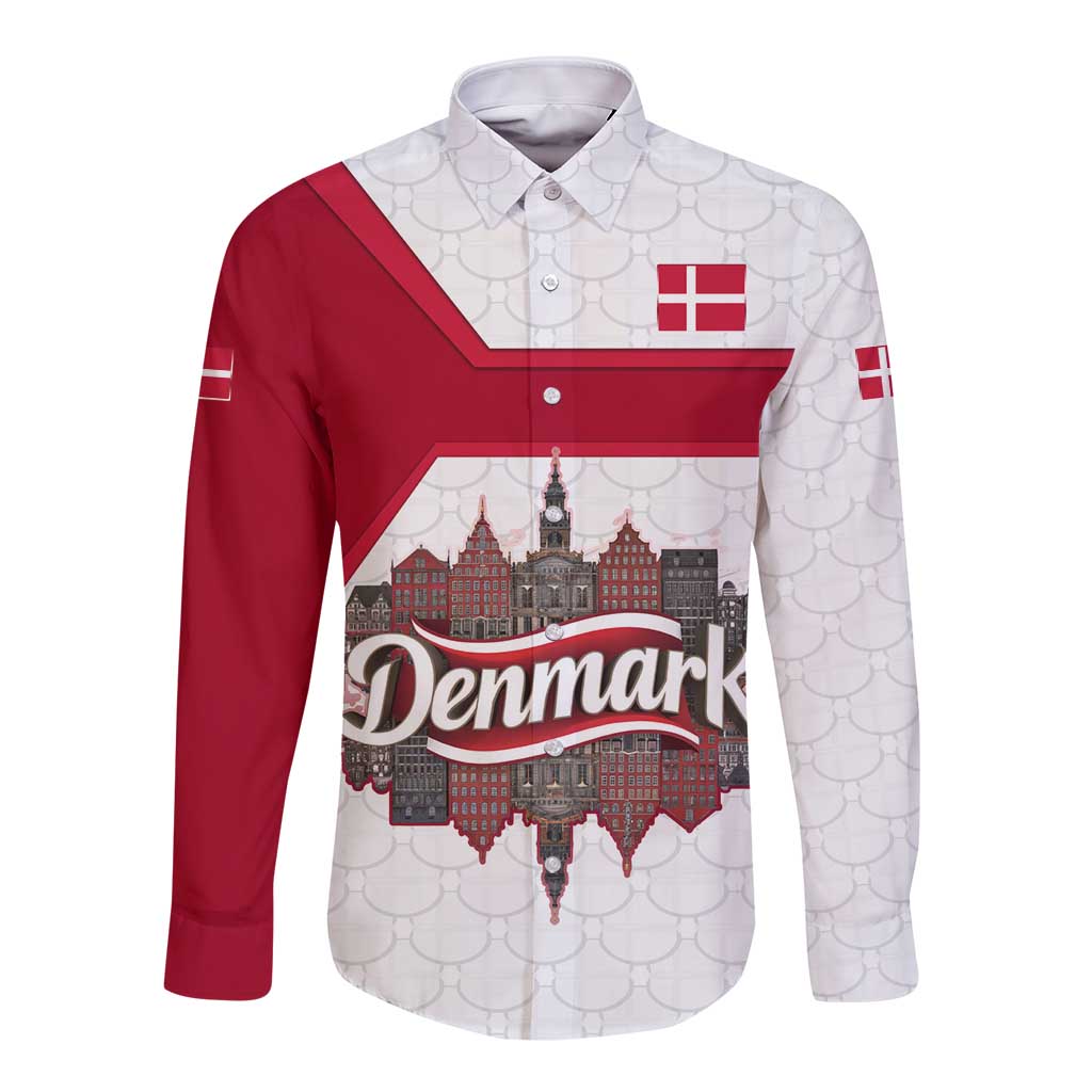 Denmark Long Sleeve Button Shirt with Cityscape Print and Royal Coat of Arms Design